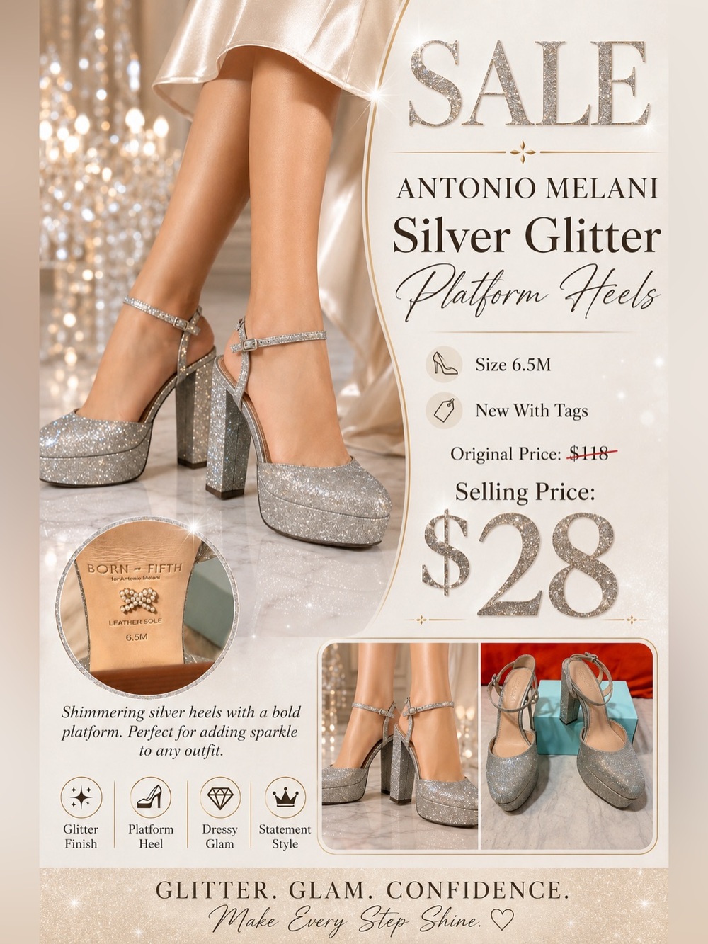 ANTONIO MELANI Silver Glitter Platform Ankle-Strap Heels